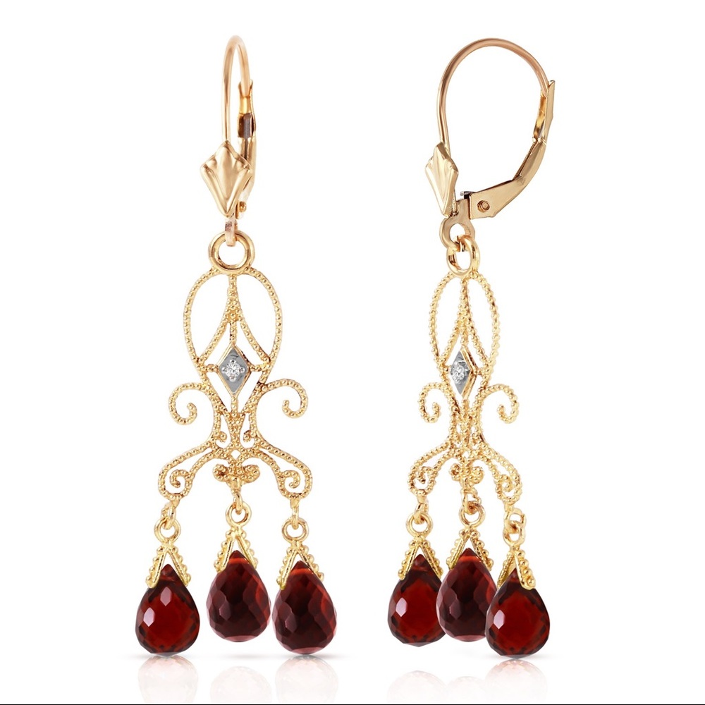 14K. GOLD CHANDELIERS DIAMONDS EARRING /GARNETS - Picture 2 of 3